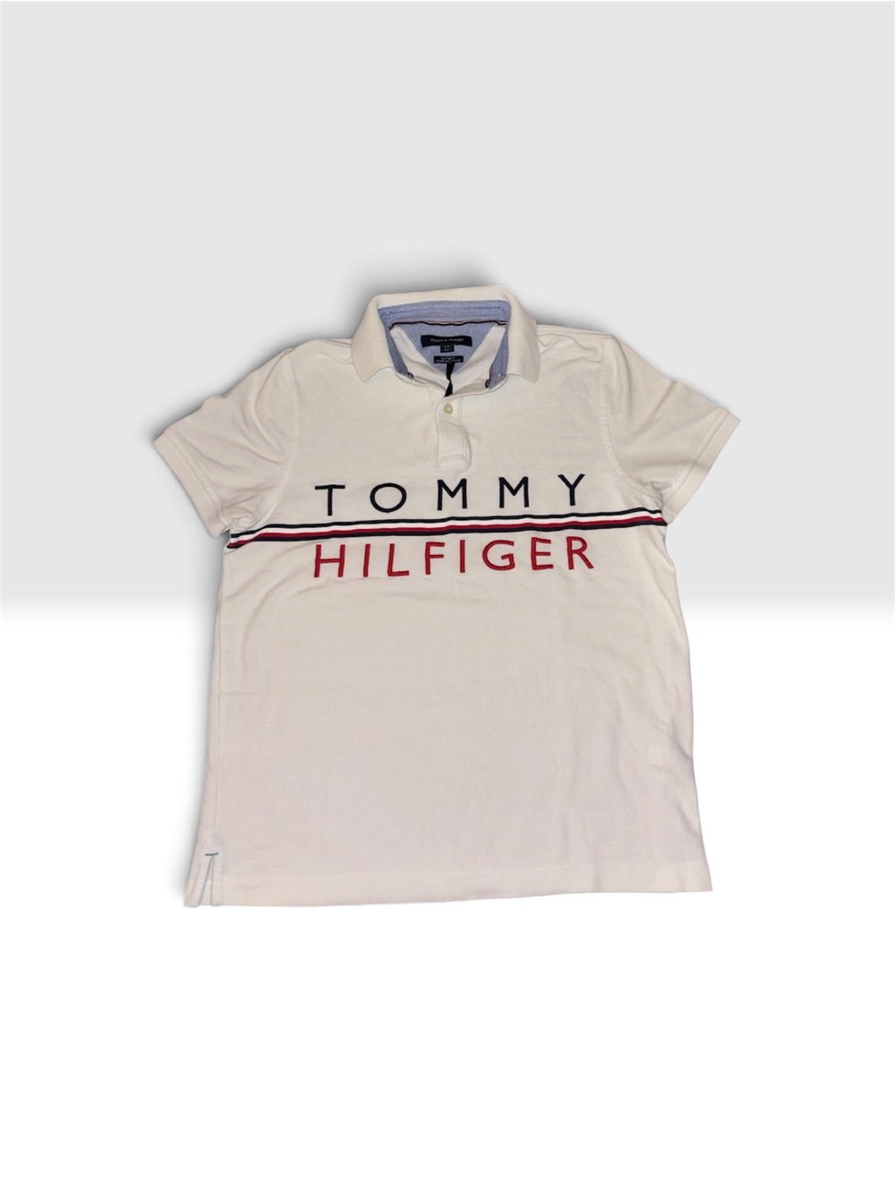Tommy Hilfiger White Polo with Red & Navy Logo Stripe